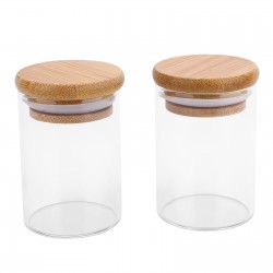 QLWX Glass Jar with Bamboo Lid, 2 Pack 3.4oz Clear Food Storage Containers, Empty Kitchen Canisters for Storing Coffee Beans, Candy, Tea, Spice Bottles