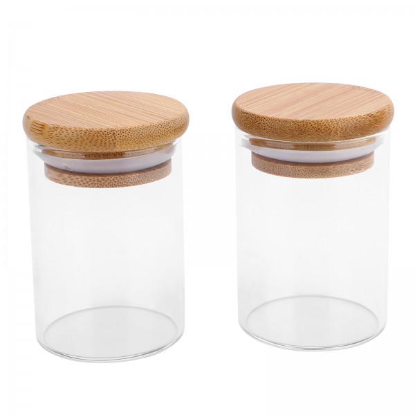 QLWX Glass Jar with Bamboo Lid, 2 Pack 3.4oz Clear Food Storage Containers, Empty Kitchen Canisters for Storing Coffee Beans, Candy, Tea, Spice Bottles